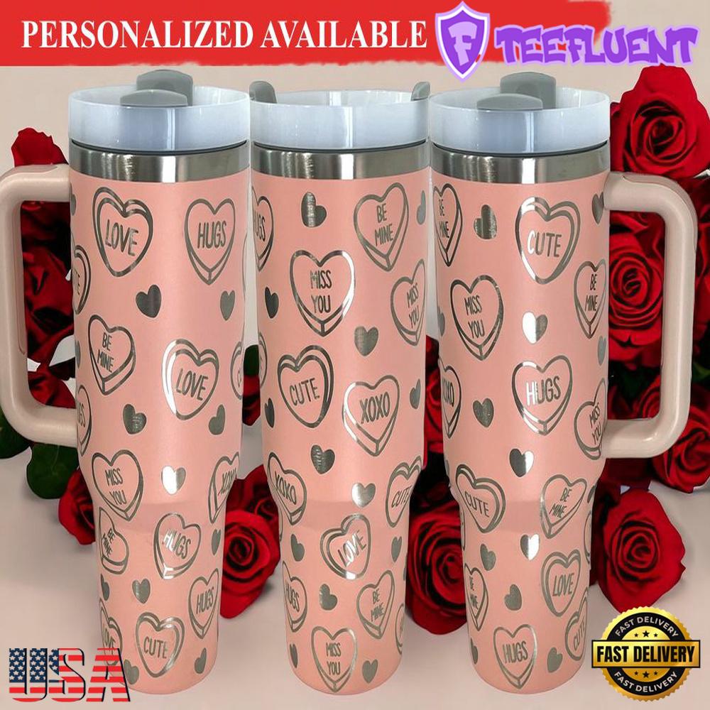 40 oz Valentines Candy Hearts Tumbler with Handle - Laser engraved tumbler with lid and straw - 40oz Tumbler with Handle