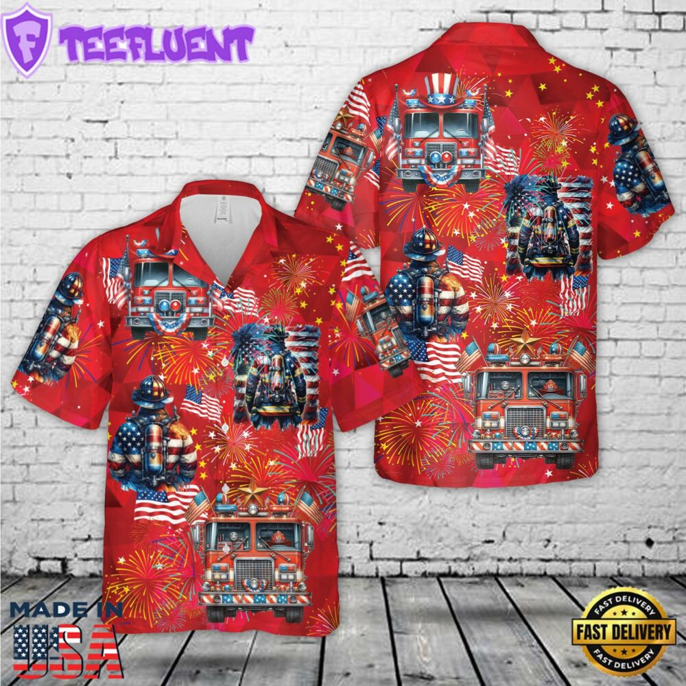 4th Of July Fire Truck Firefighter Hawaiian Shirt