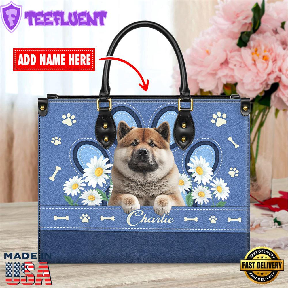 Akita Dog Lover Leather Bag With Daisy Flowers