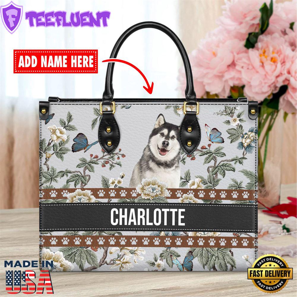 Alaskan Malamute Dog Bior Leather Handbag With Flowers And Butterfly