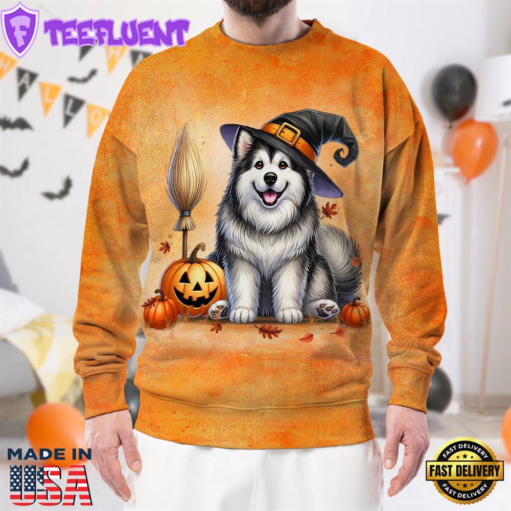 Alaskan Malamute Dog In Spooky Autumn Halloween 3D Shirt