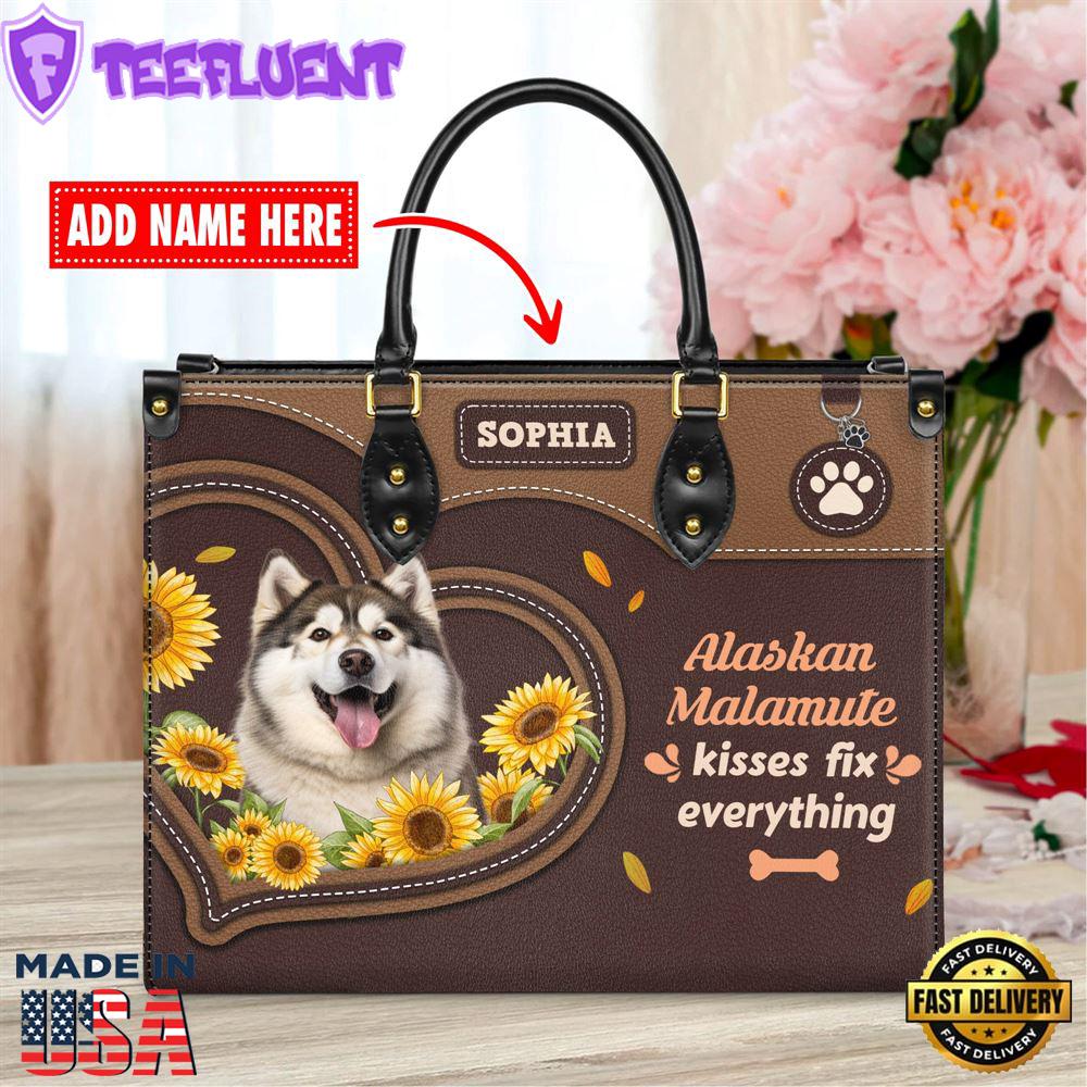 Alaskan Malamute Dog Kisses Fix Everything Leather Handbag