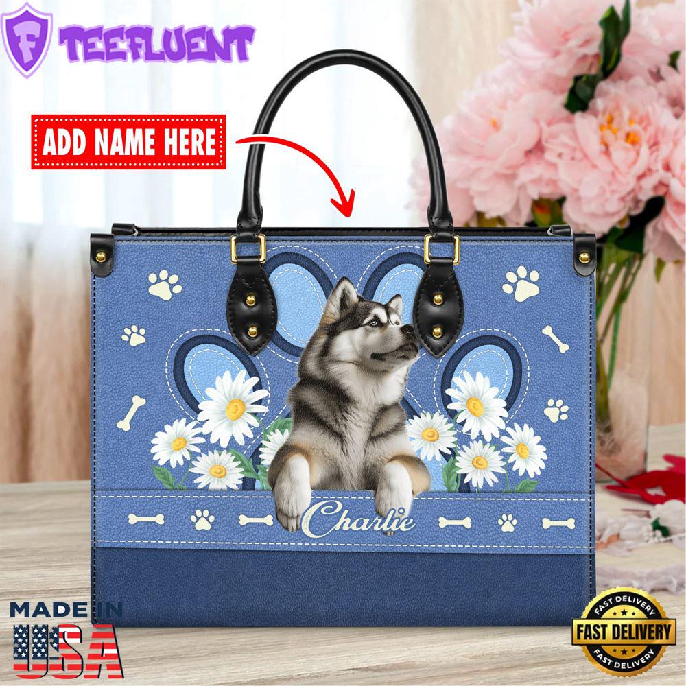 Alaskan Malamute Dog Lover Leather Bag With Daisy Flowers