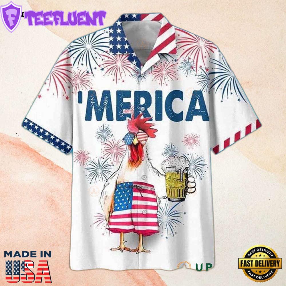 American Flag American Flag Rooster Drink Beer Cool Hawaiian Shirt