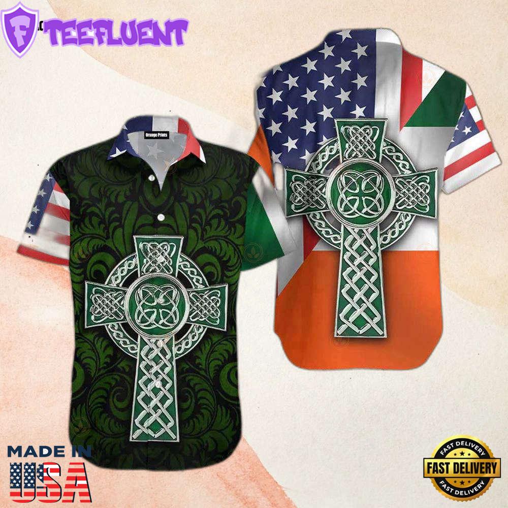 American Flag American Irish Flag With Celtic Cross St Patrick Day Cool Hawaiian Shirt