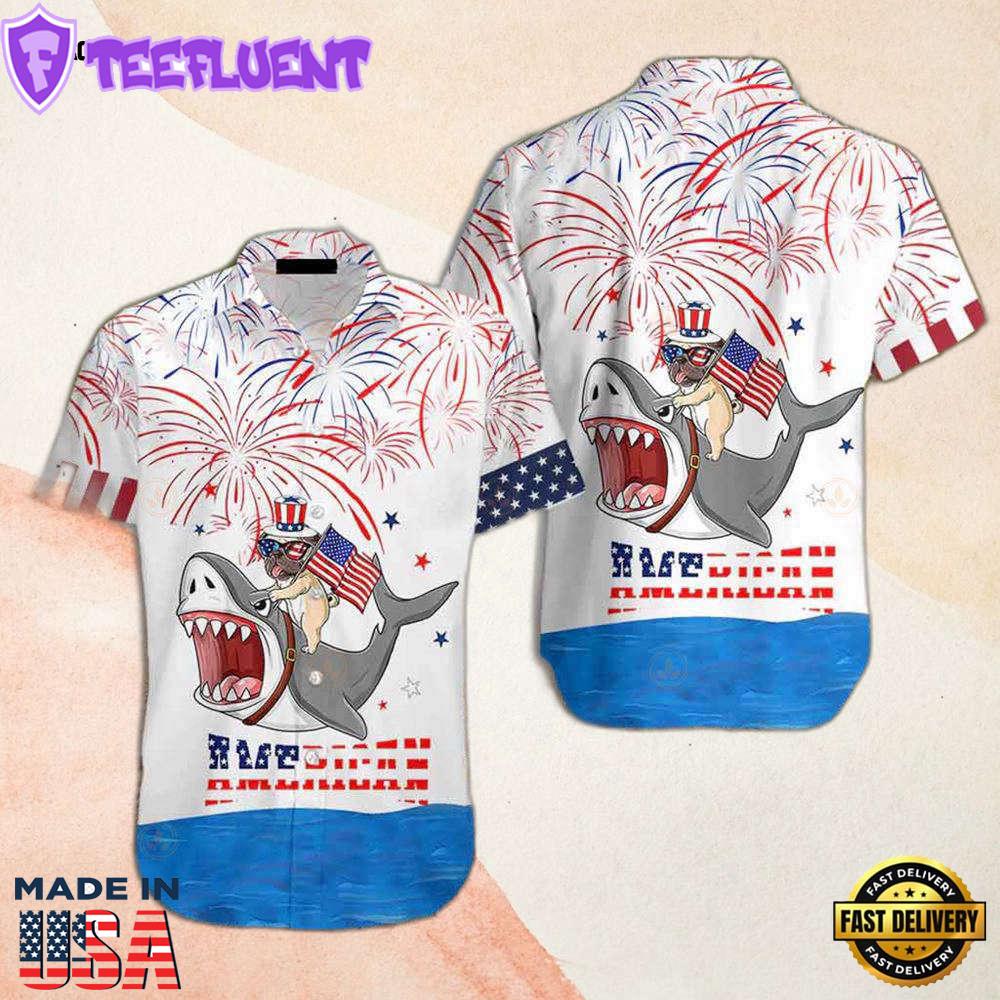 American Flag Puppy Riding Shark With American Flag Firework Independent Hawaiian Shirt Gift