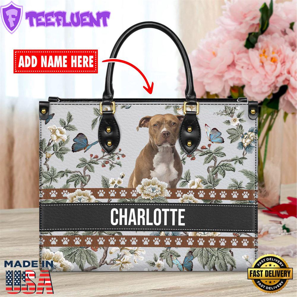 American Staffordshire Terrier Dog Bior Leather Handbag With Flowers And Butterfly