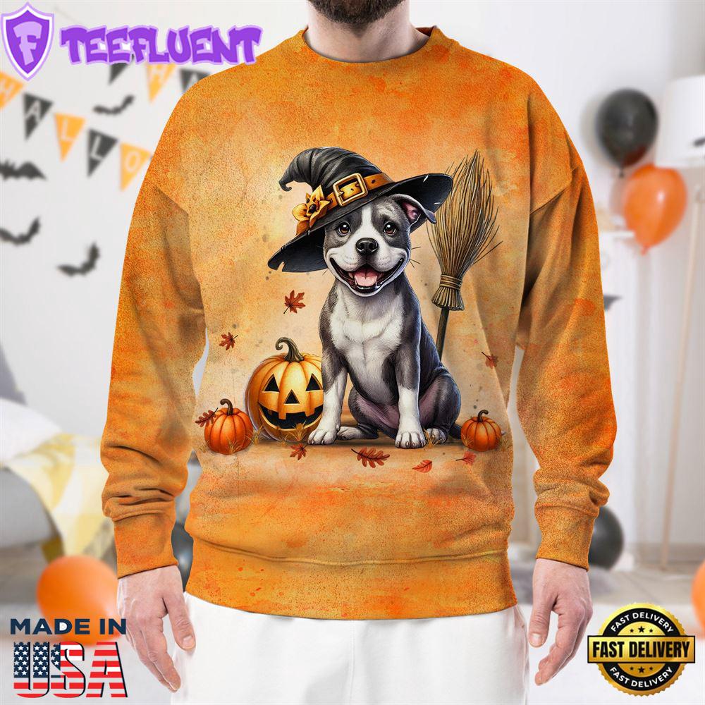 American Staffordshire Terrier Dog In Spooky Autumn Halloween 3D Shirt