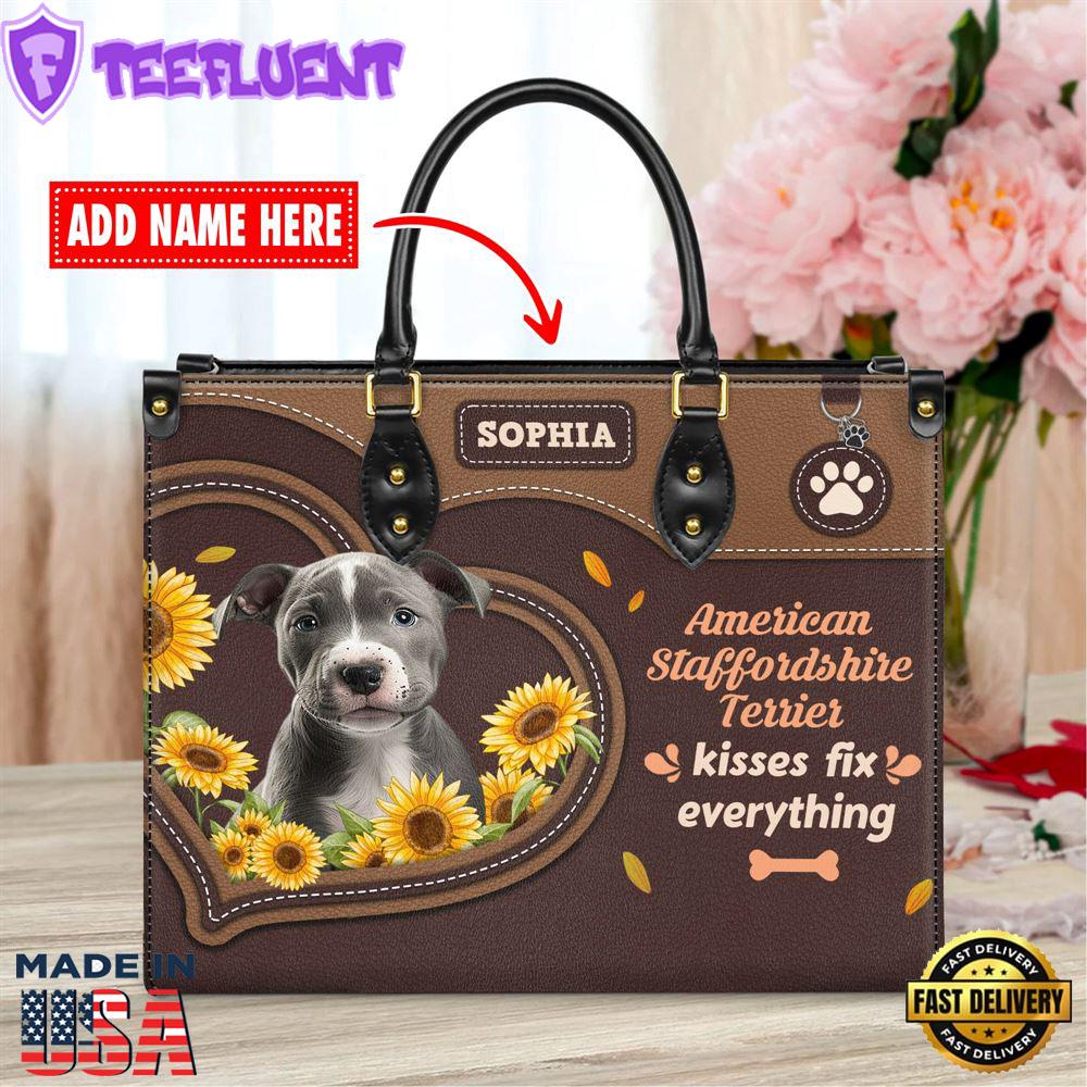 American Staffordshire Terrier Dog Kisses Fix Everything Leather Handbag