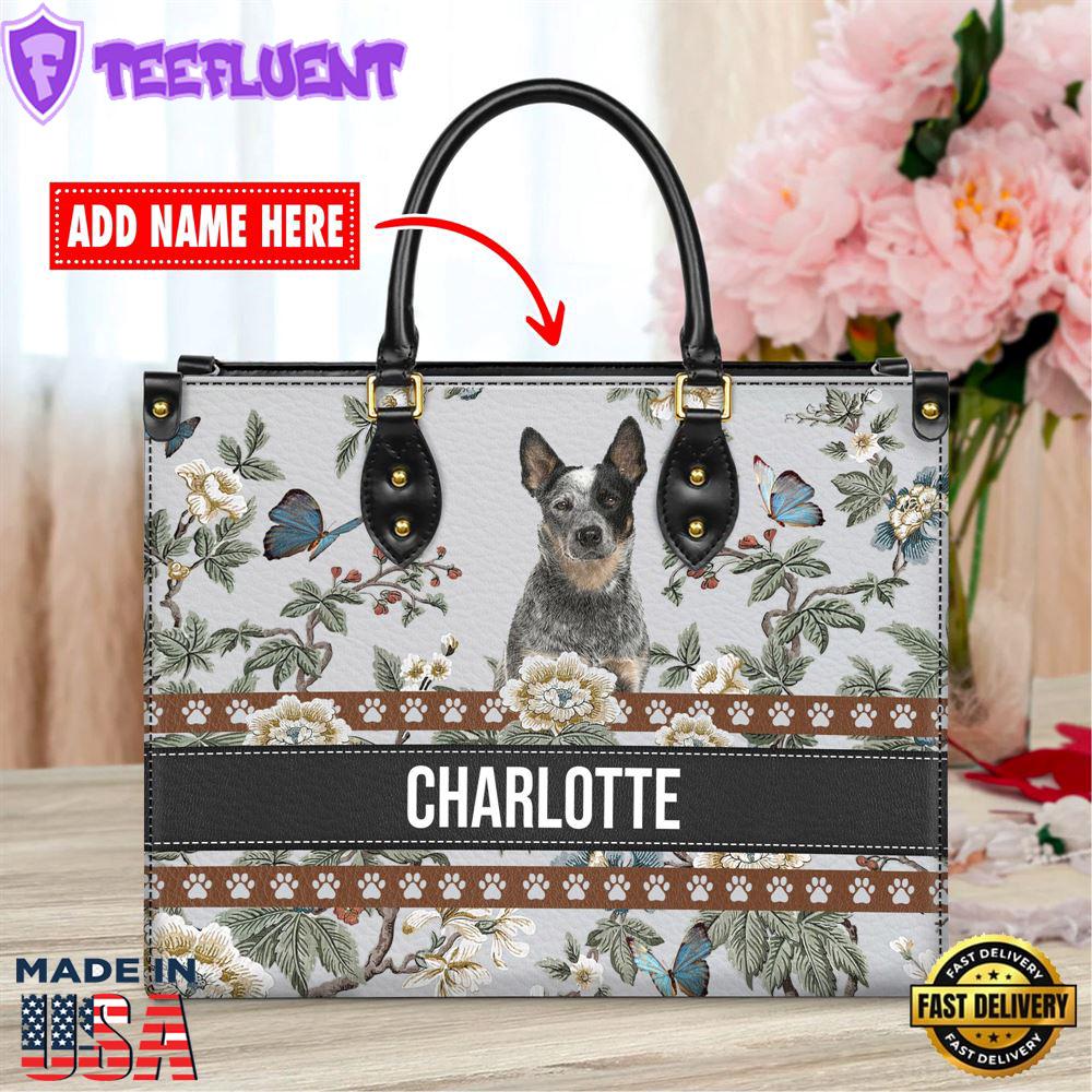 Australian Cattle Dog Bior Leather Handbag With Flowers And Butterfly