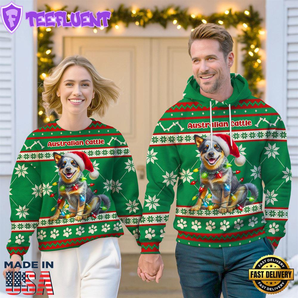 Australian Cattle Dog Cheer with Santa Hat Christmas Sweatshirt And Hoodie Green