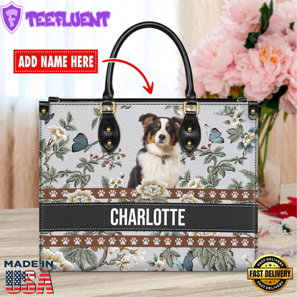 Australian Shepherd Dog Bior Leather Handbag With Flowers And Butterfly