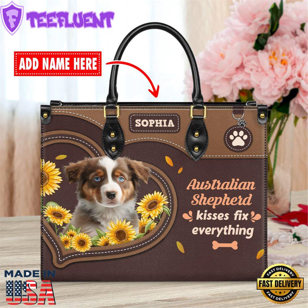 Australian Shepherd Dog Kisses Fix Everything Leather Handbag