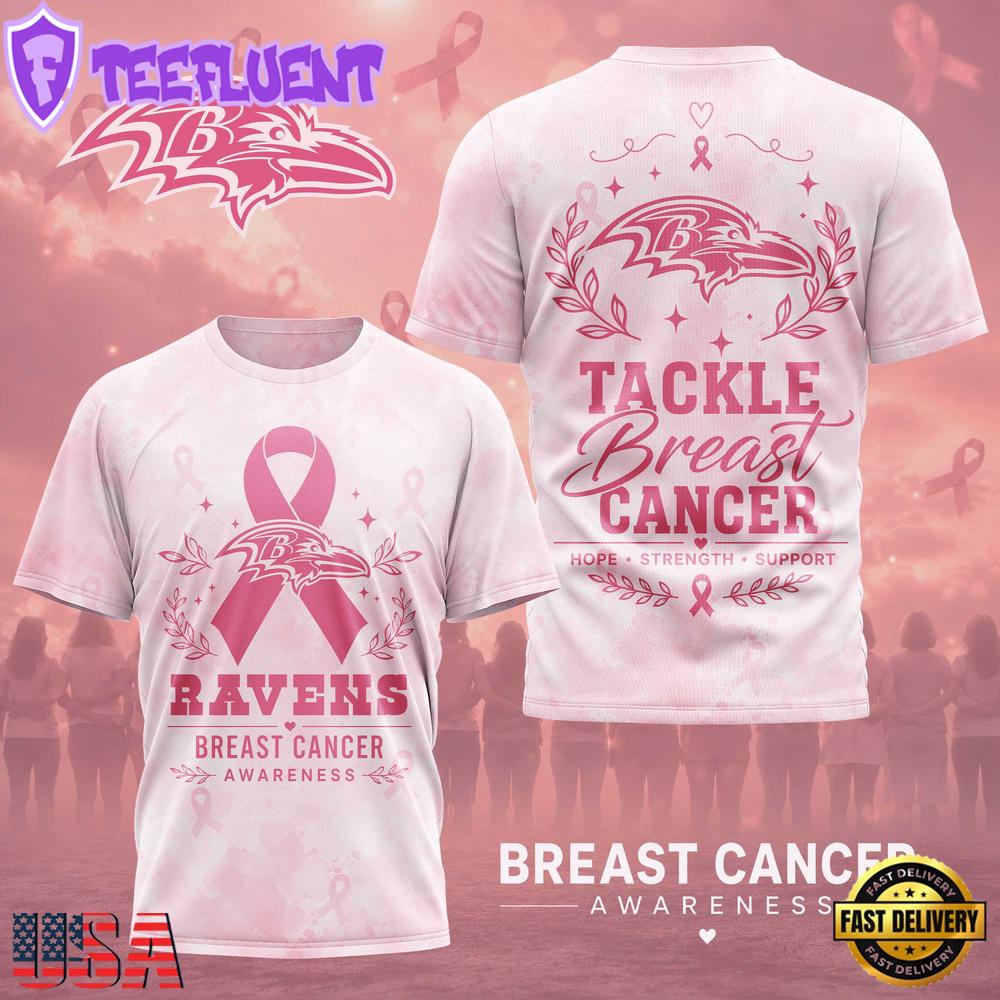 Baltimore Ravens NFL Hope Strength Support Breast Cancer 3D T-Shirt