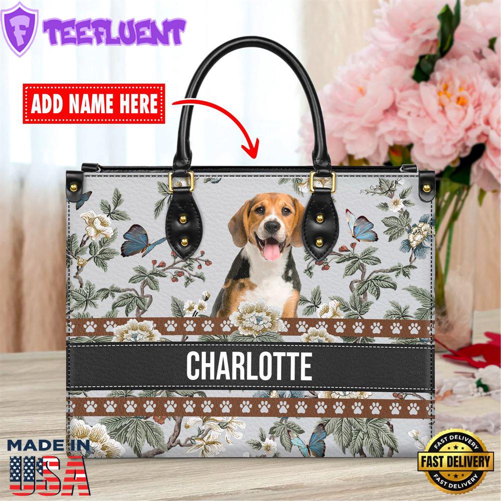 Beagle Dog Bior Leather Handbag With Flowers And Butterfly