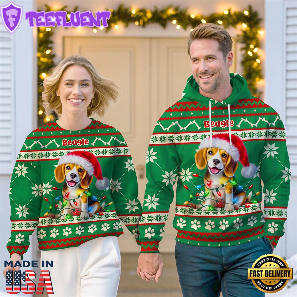 Beagle Dog Cheer with Santa Hat Christmas Sweatshirt And Hoodie Green