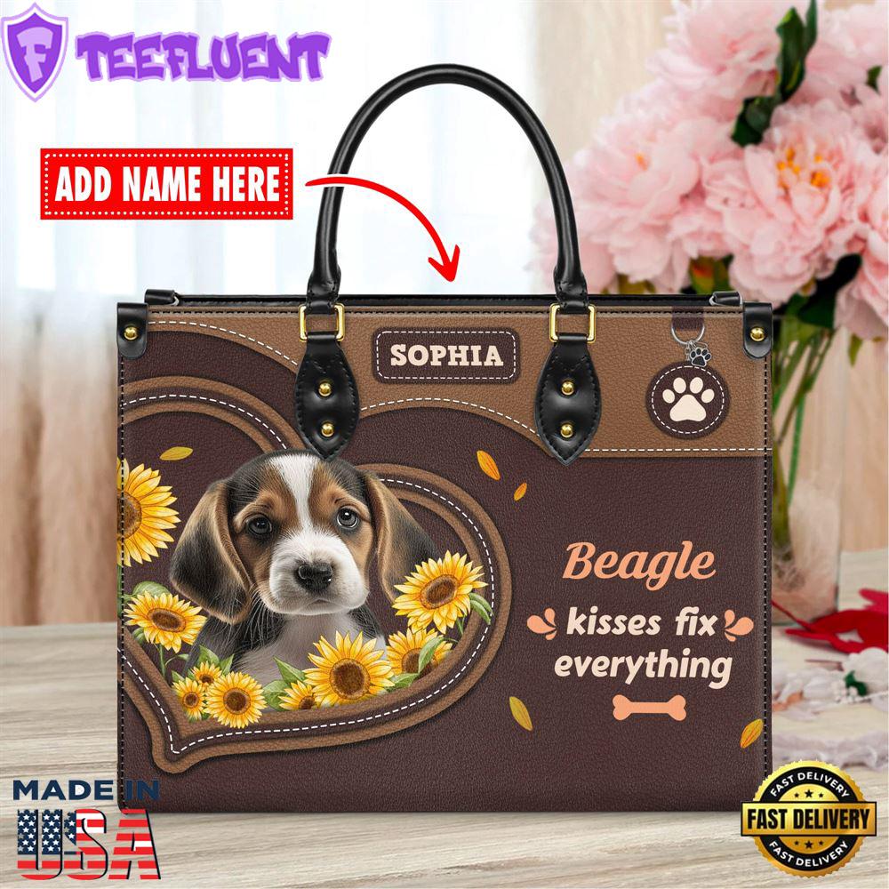Beagle Dog Kisses Fix Everything Leather Handbag