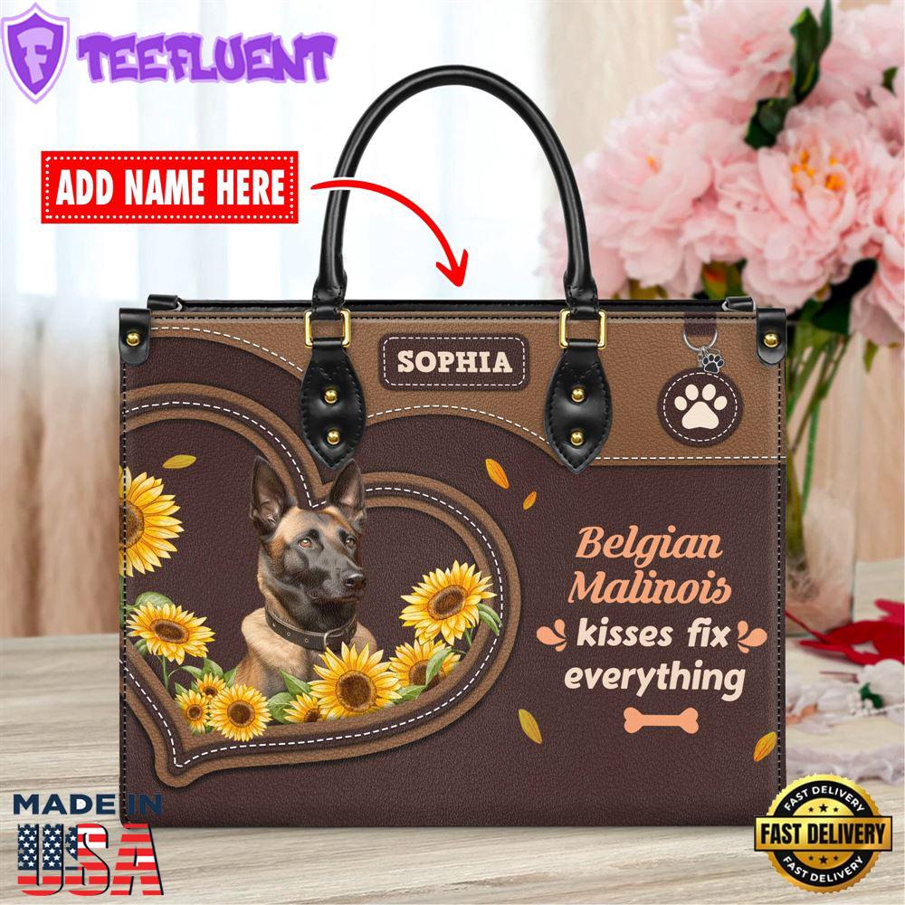 Belgian Malinois Dog Kisses Fix Everything Leather Handbag