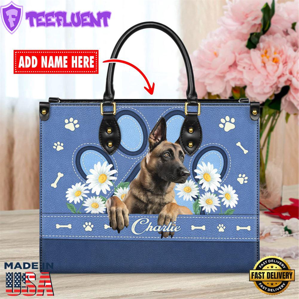 Belgian Malinois Dog Lover Leather Bag With Daisy Flowers