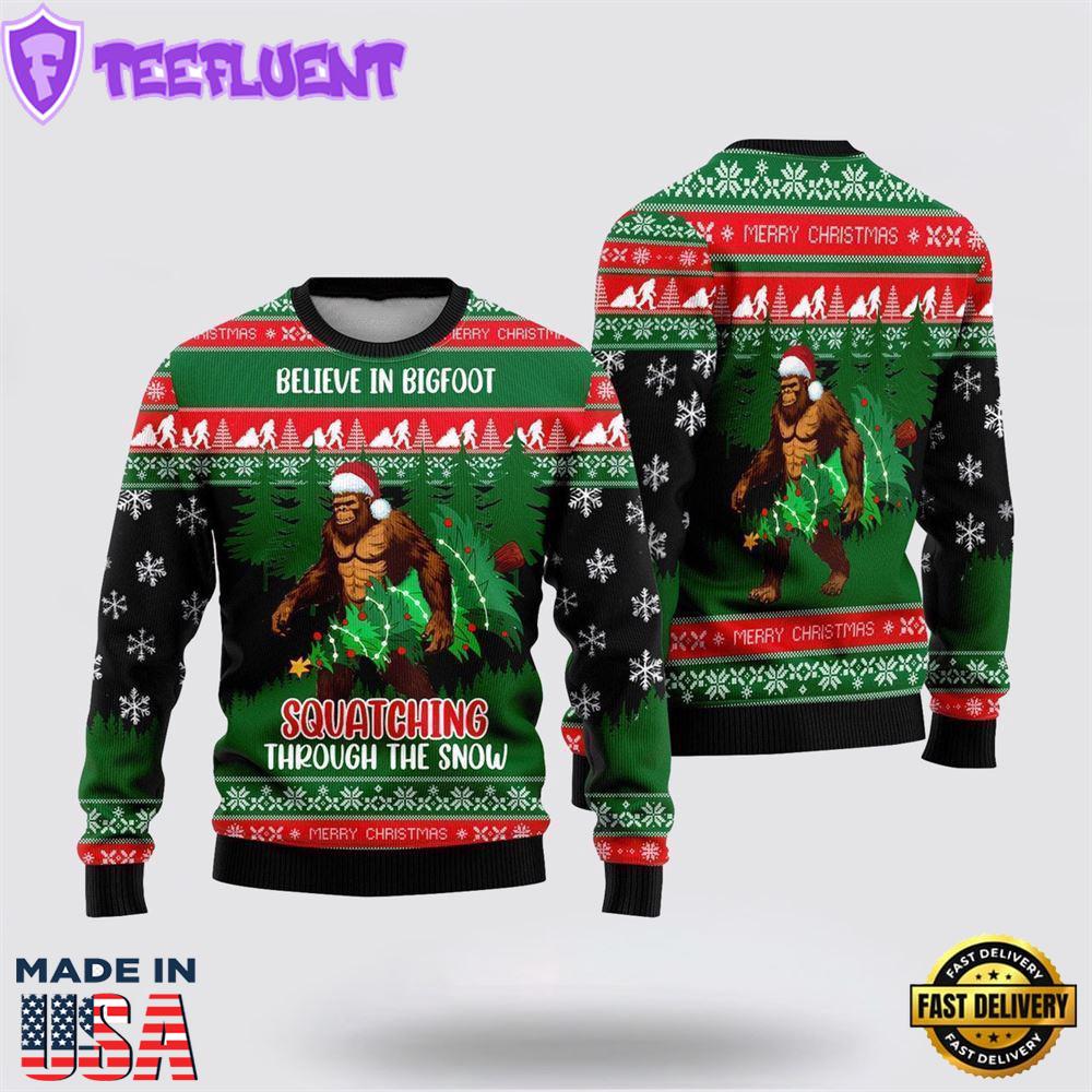 Believe In Bigfoot Squatching Through The Snow Ugly Christmas Sweater For Men