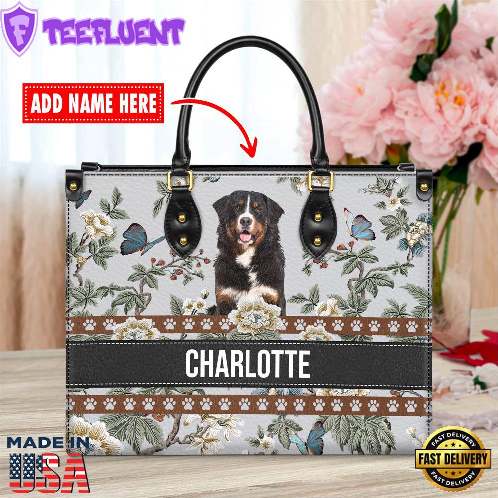 Bernese Mountain Dog Bior Leather Handbag With Flowers And Butterfly