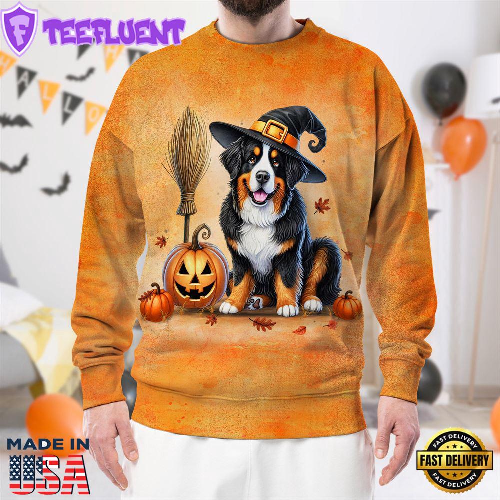 Bernese Mountain Dog In Spooky Autumn Halloween 3D Shirt