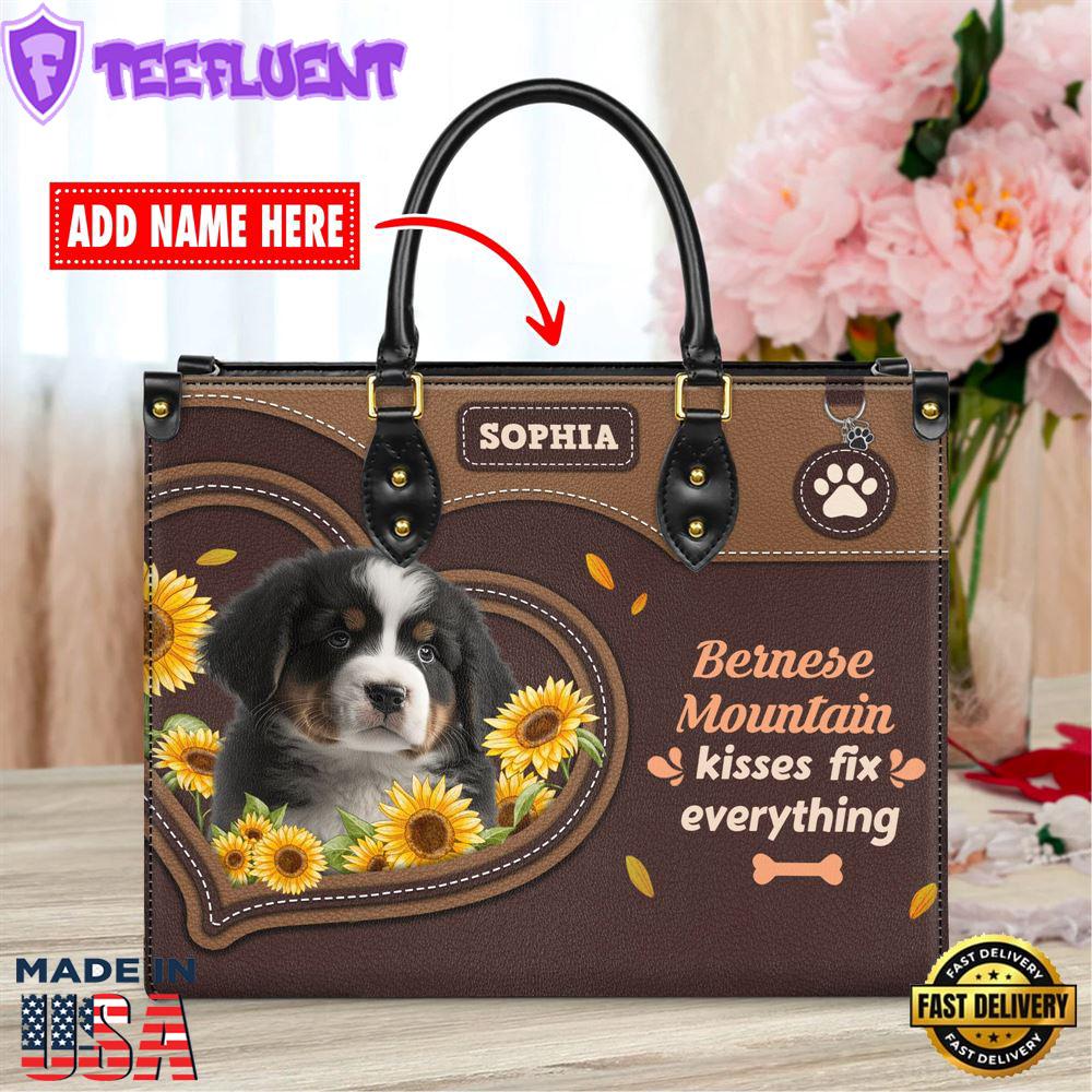 Bernese Mountain Dog Kisses Fix Everything Leather Handbag