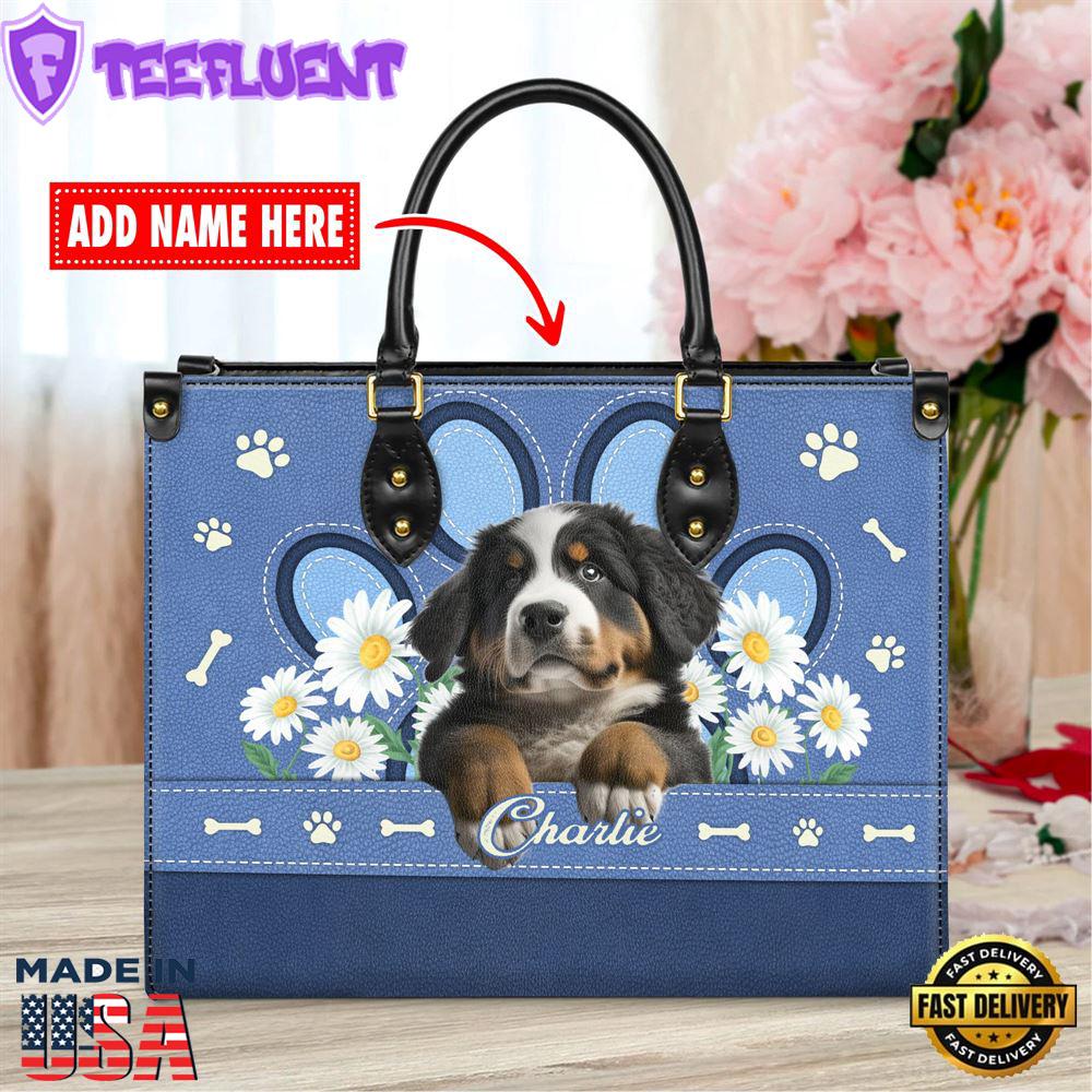 Bernese Mountain Dog Lover Leather Bag With Daisy Flowers