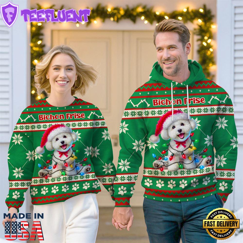 Bichon Frise Dog Cheer with Santa Hat Christmas Sweatshirt And Hoodie Green