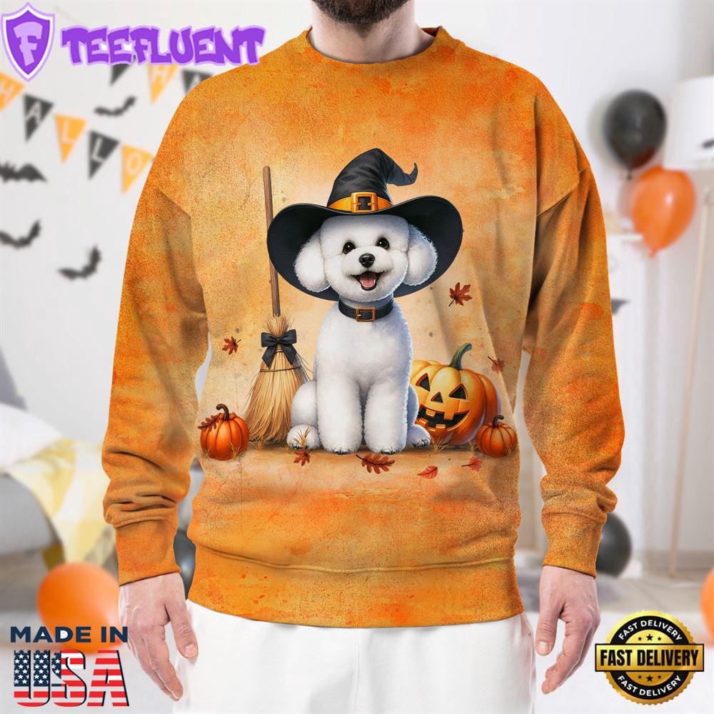 Bichon Frise Dog In Spooky Autumn Halloween 3D Shirt