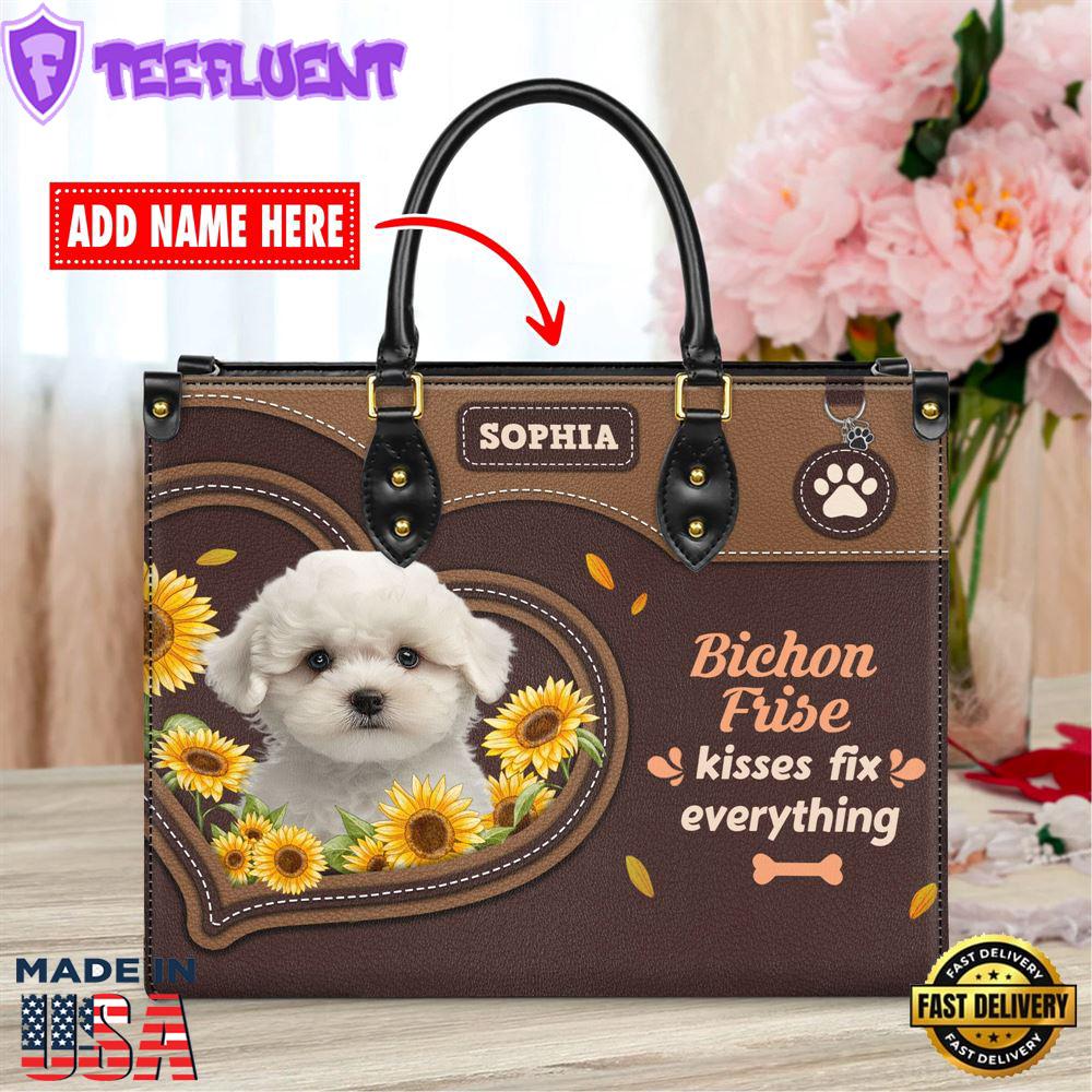 Bichon Frise Dog Kisses Fix Everything Leather Handbag
