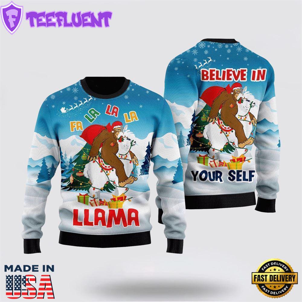 Bigfoot Riding Llama Ugly Christmas Sweater For Men