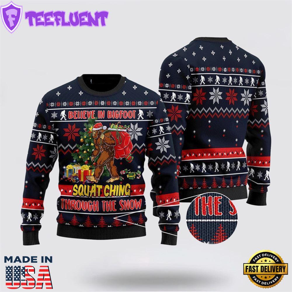 Bigfoot Squats Through The Snow Ugly Christmas Sweater For Men