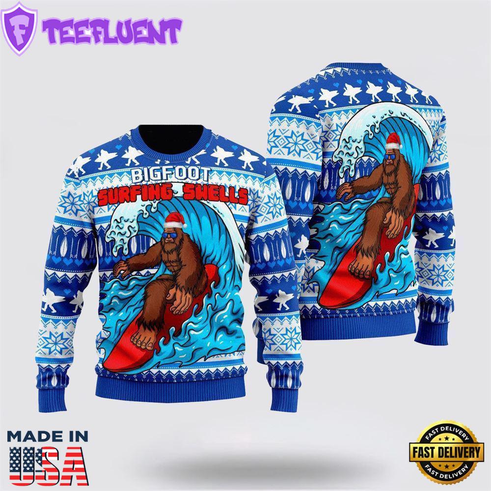 Bigfoot Surfing Swells Ugly Christmas Sweater For Men