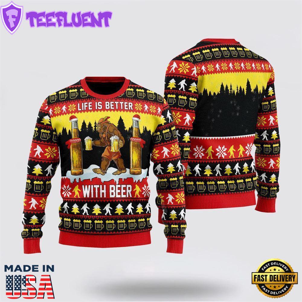 Bigfoot Sweater, Christmas Is Better With Beer Ugly Christmas Sweater For Men