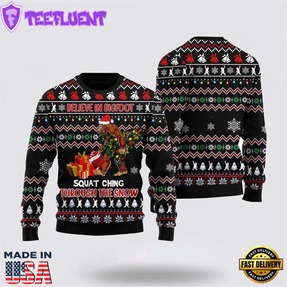 Bigfoot Ugly Sweater, Believe In Bigfoot Squat Ugly Christmas Sweater For Men