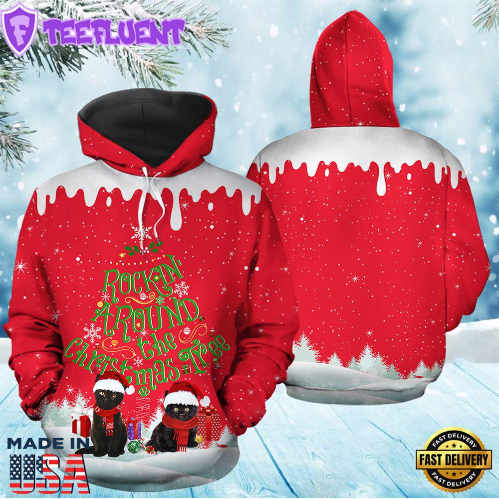 Black Cat Rocking Around The Christmas Treechristmas Hoodie All Over Print