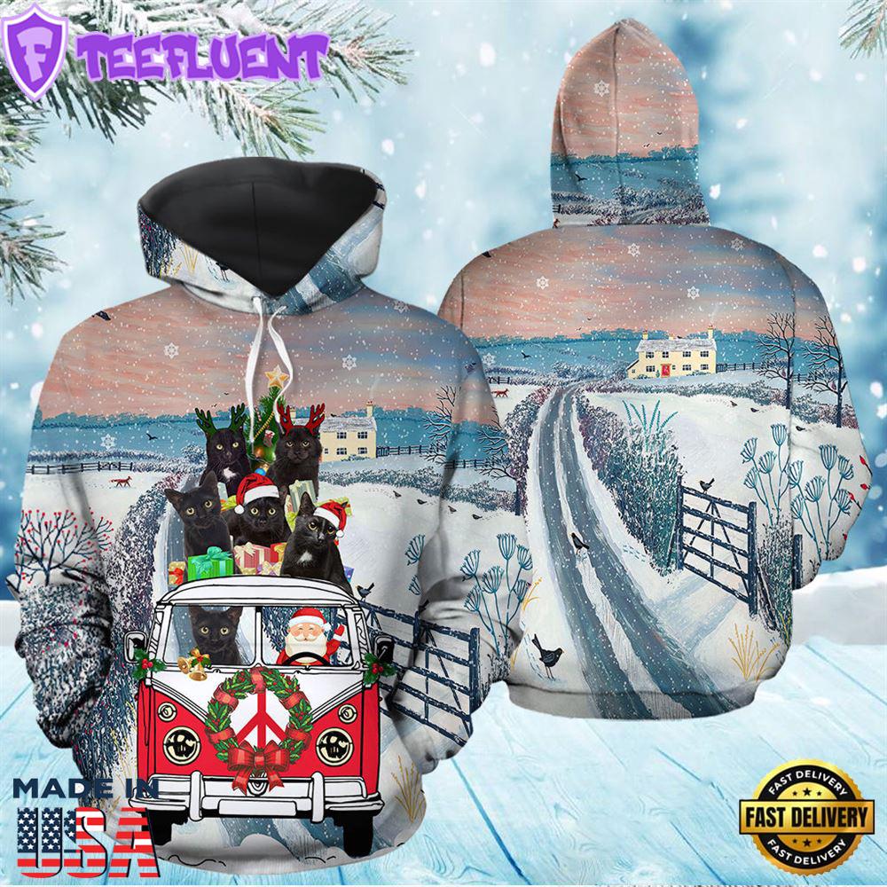 Black Cat Santa Christmas Hoodie All Over Print