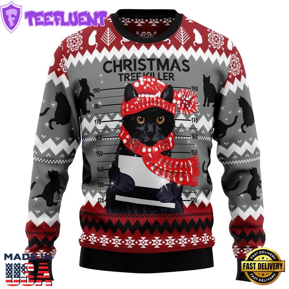 Black Cat Tree Killer Ugly Christmas Sweater