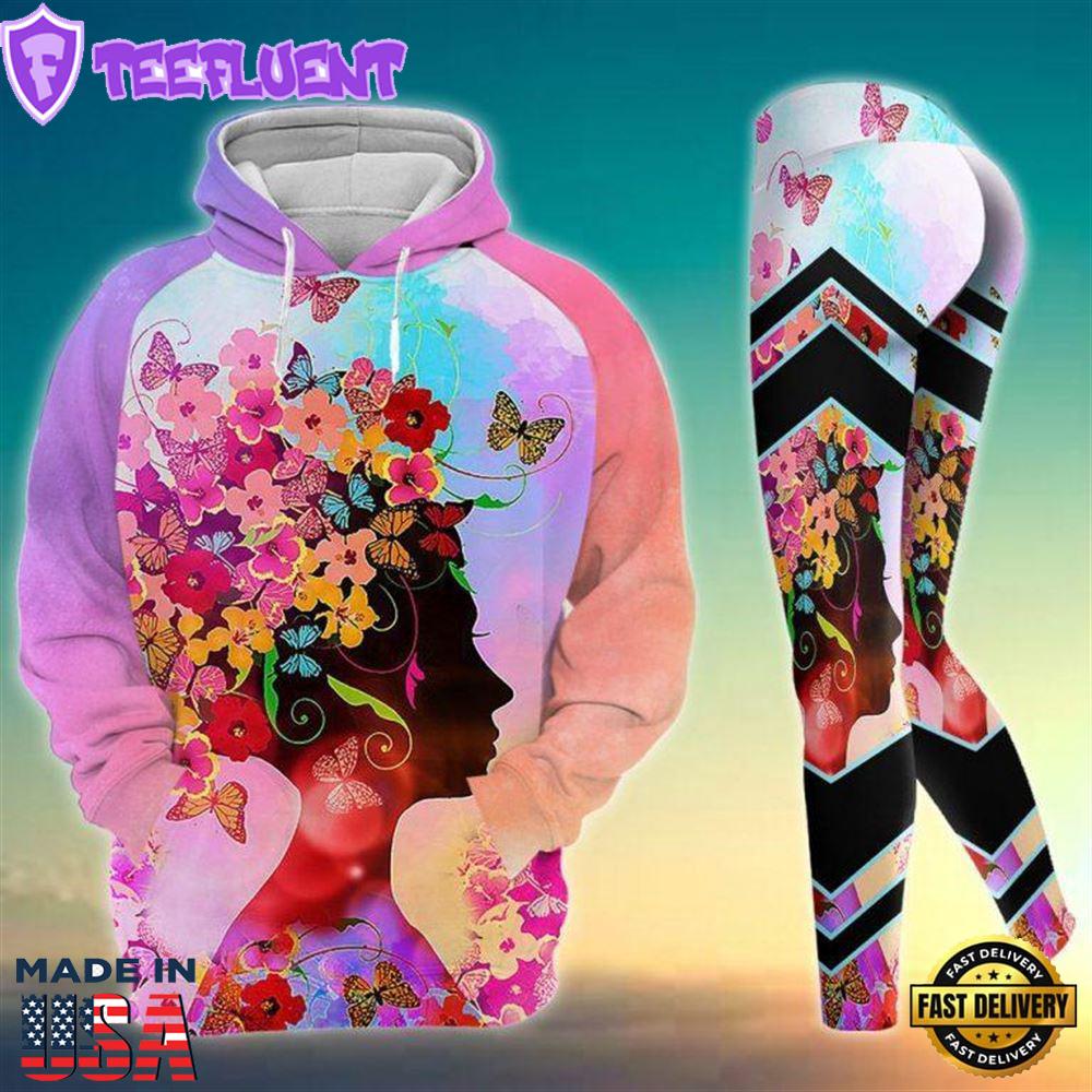 Black Girl African All Over Print Leggings Hoodie Set Outfit For Women Flower