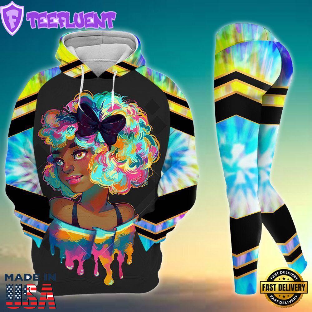 Black Girl African American All Over Print Leggings Hoodie Set Outfit For Women