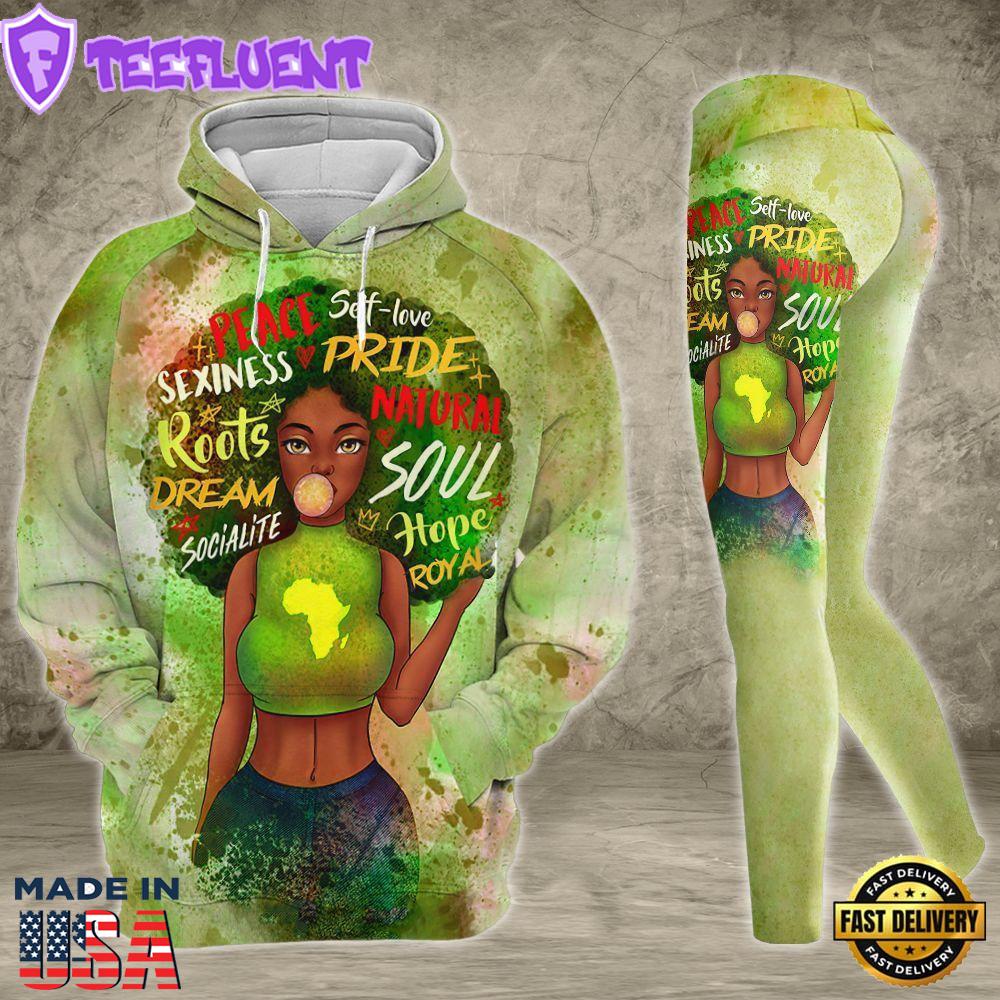 Black Girl All Over Print Leggings Hoodie Set Outfit For Women