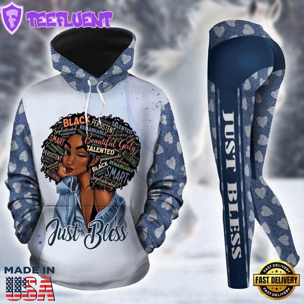 Black Girl All Over Print Leggings Hoodie Set Outfit For Women