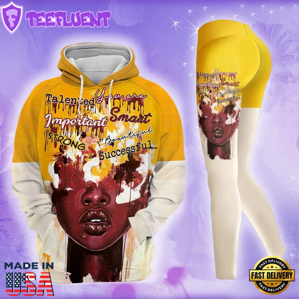 Black Girl All Over Print Leggings Hoodie Set Outfit For Women Yellow