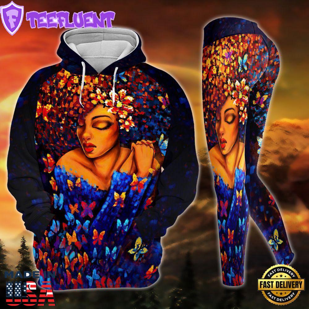 Black Girl Buttefly All Over Print Leggings Hoodie Set Outfit For Women Gift Xmas