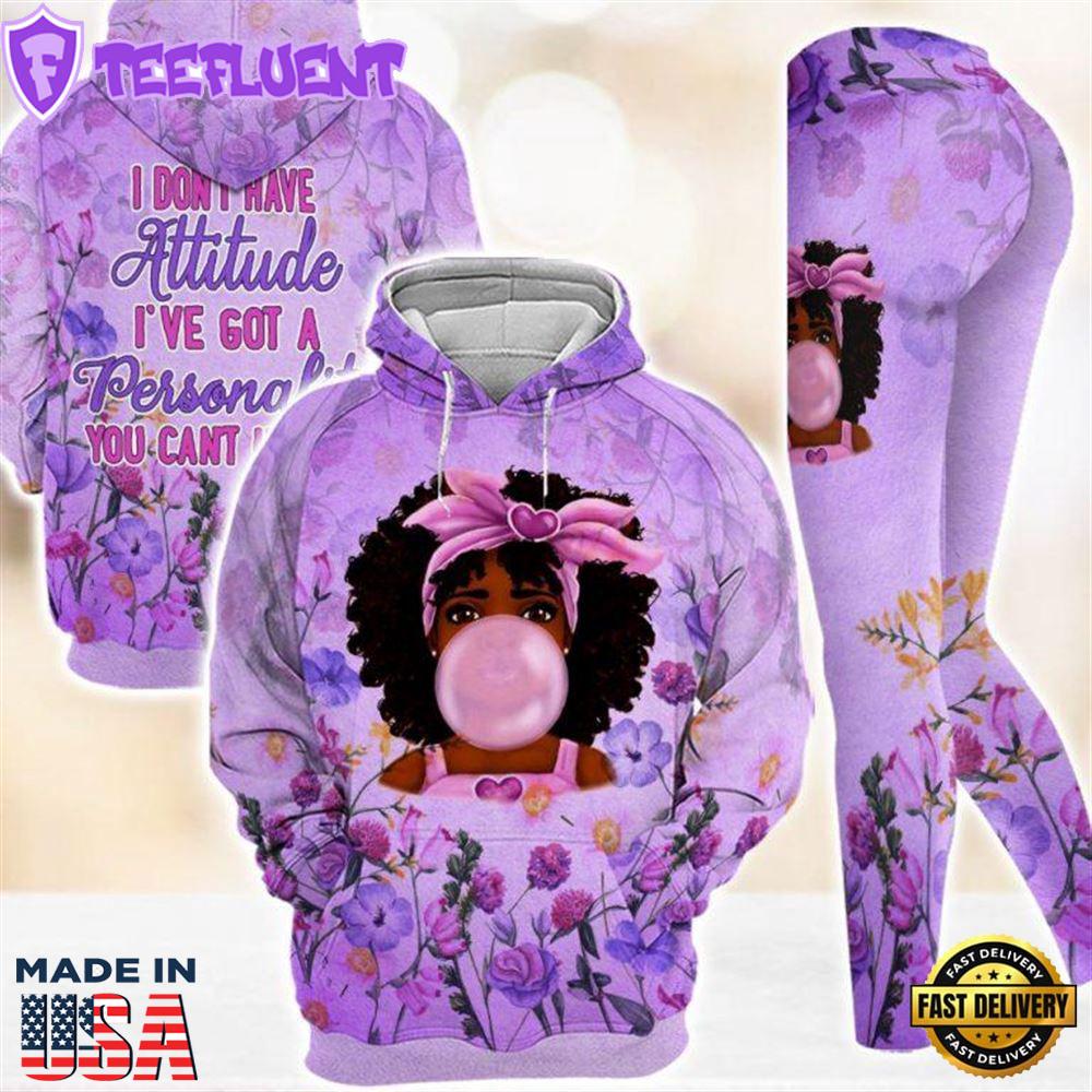 Black Girl Purple Flowers All Over Print Leggings Hoodie Set Outfit For Women Gift Xmas