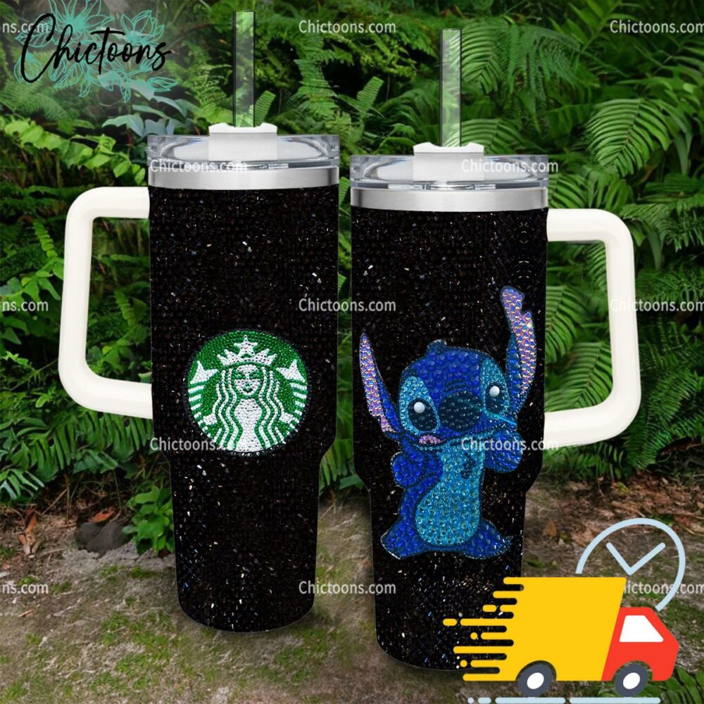 Black Rhinestone Bling Stitch Cartoon Custom Stanley Quencher 40oz Stainless Steel Tumbler