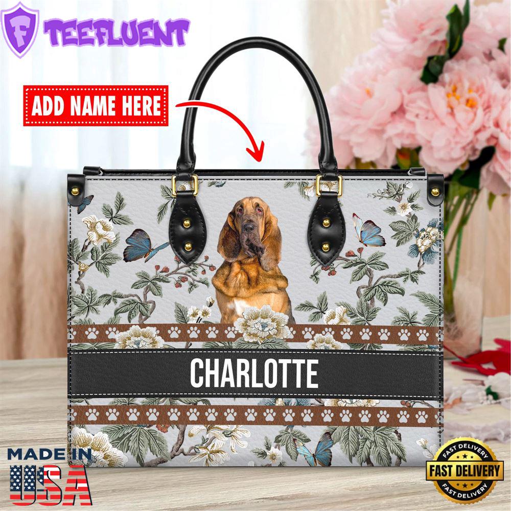 Bloodhound Dog Bior Leather Handbag With Flowers And Butterfly