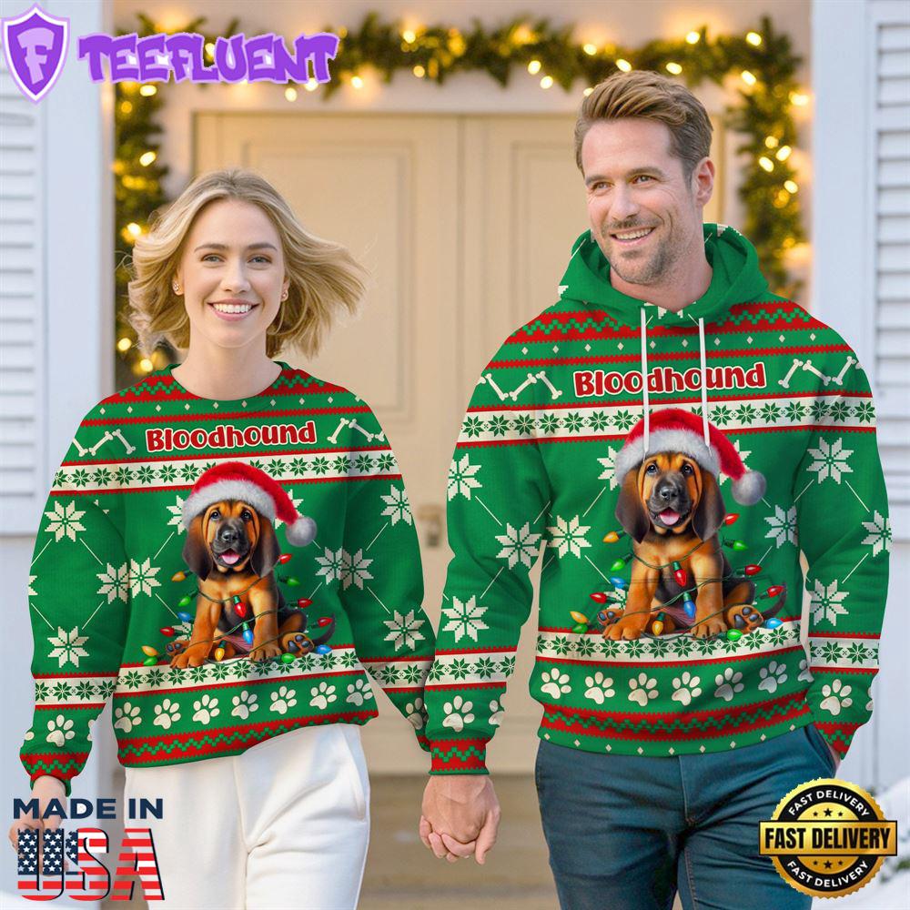 Bloodhound Dog Cheer with Santa Hat Christmas Sweatshirt And Hoodie Green