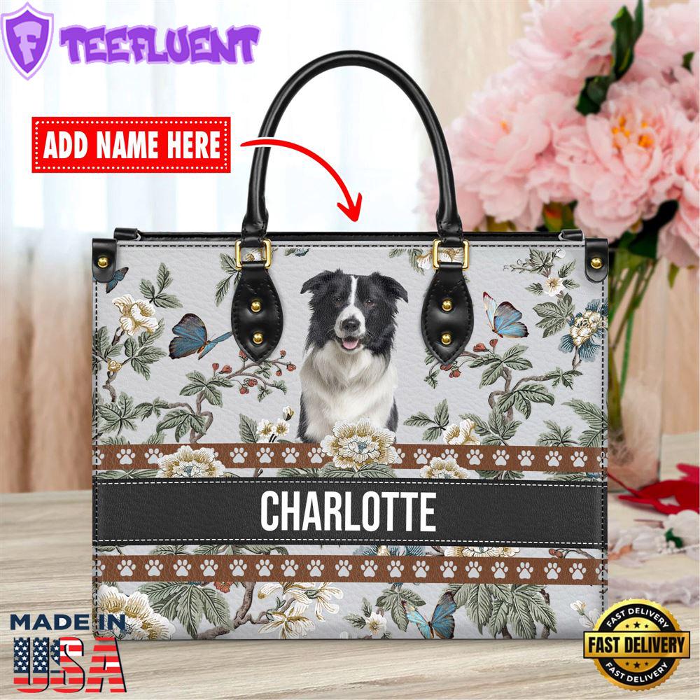 Border Collie Dog Bior Leather Handbag With Flowers And Butterfly